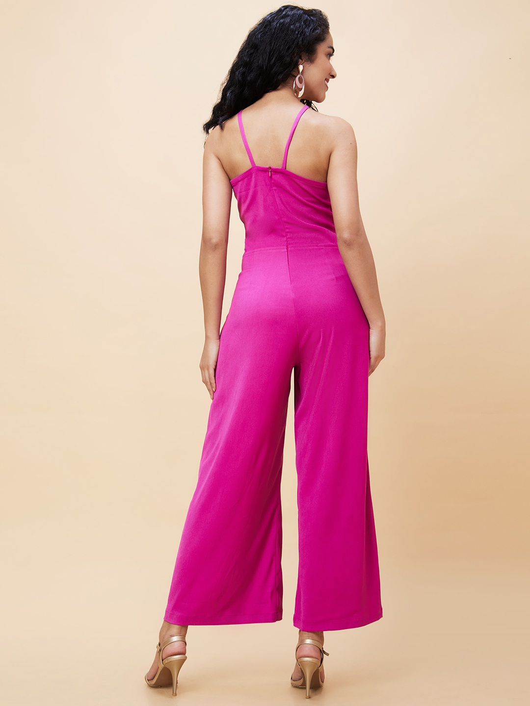 Globus Women Purple Solid Halter Neck High Waisted Jumpsuit With Cut Out Detail