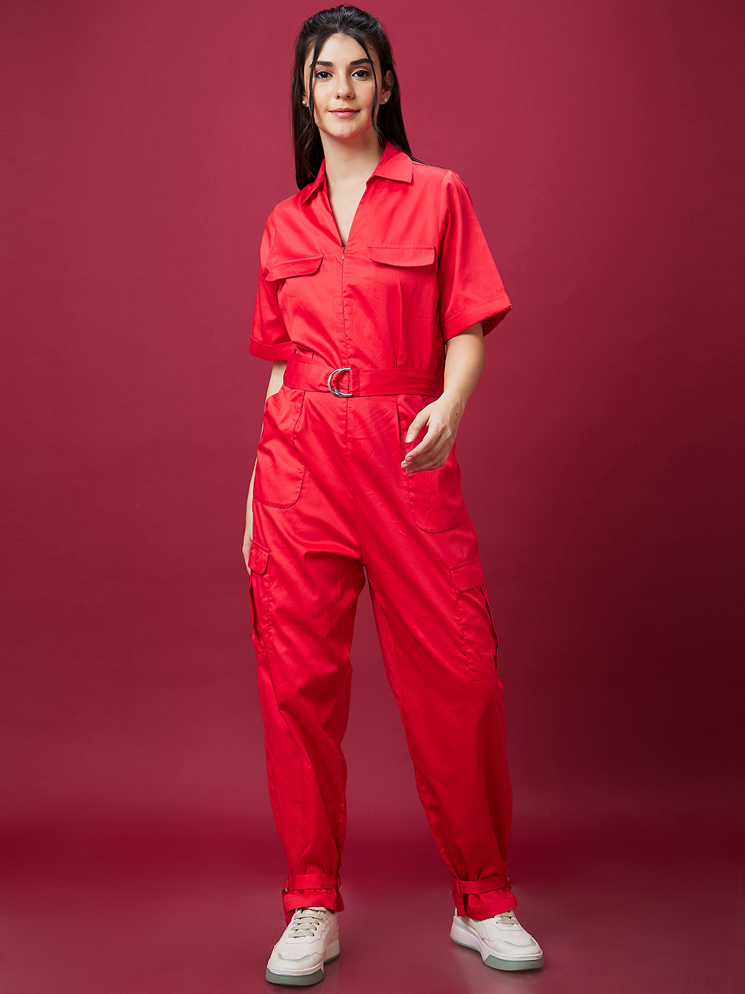 Globus Women Red Solid Shirt Collar Waist Tie Up Casual Boiler Jumpsuit