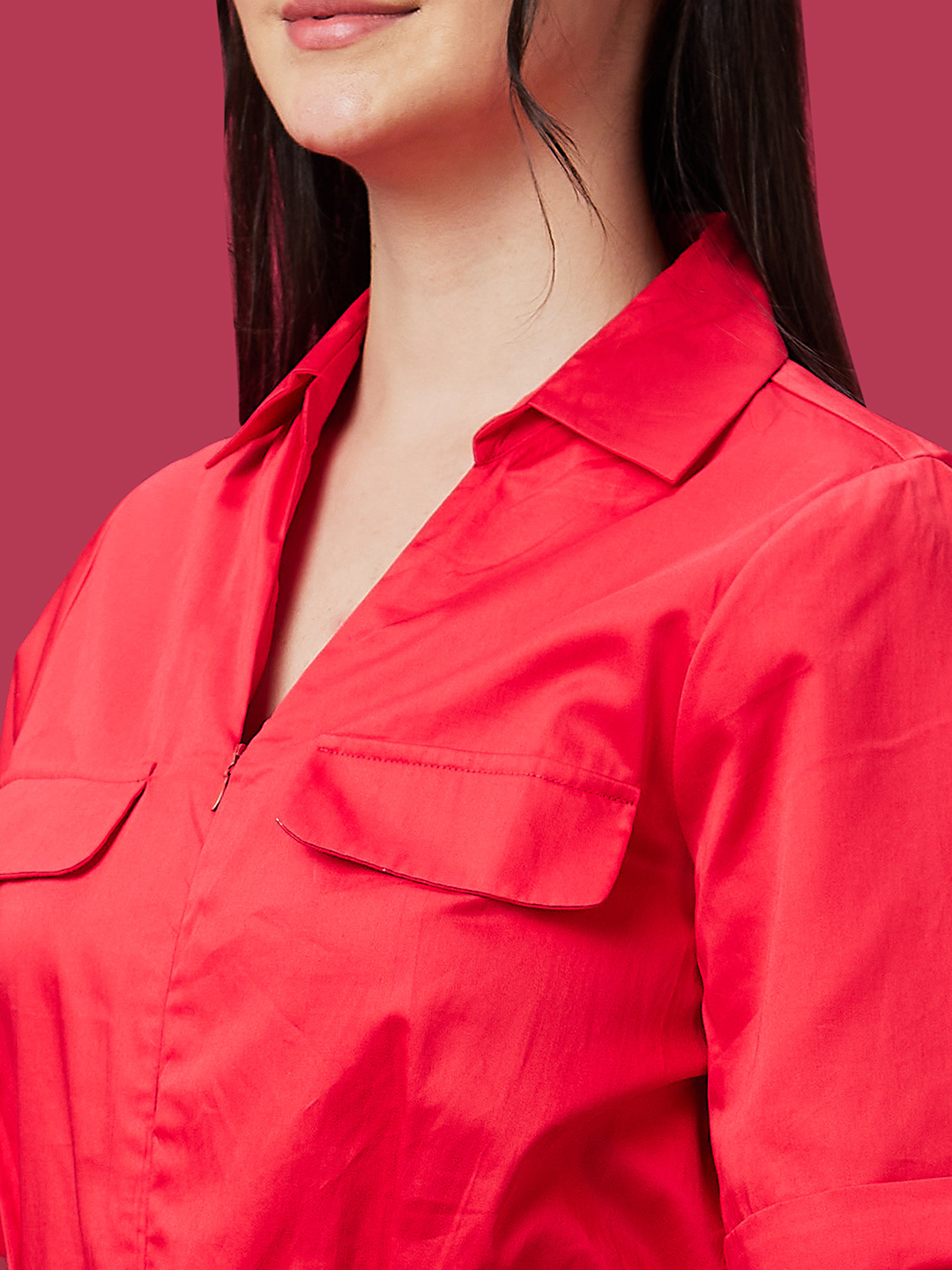 Globus Women Red Solid Shirt Collar Waist Tie Up Casual Boiler Jumpsuit