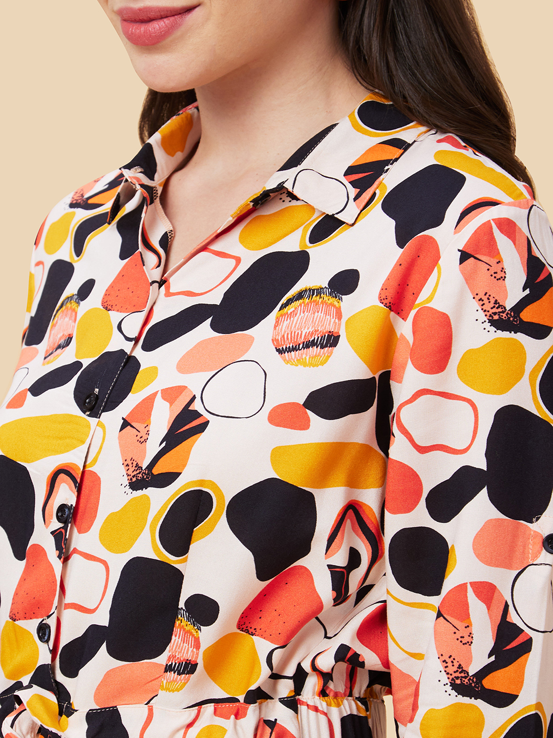 Globus Women Beige Abstract Print Waist Tie-Up Button Down Jumpsuit