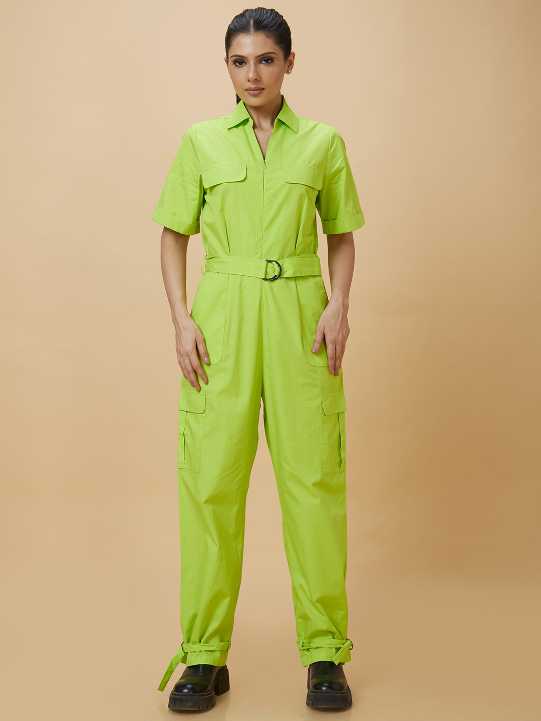 Globus Women Neon Green Solid Shirt Collar Waist Tie Up Casual Boiler Jumpsuit