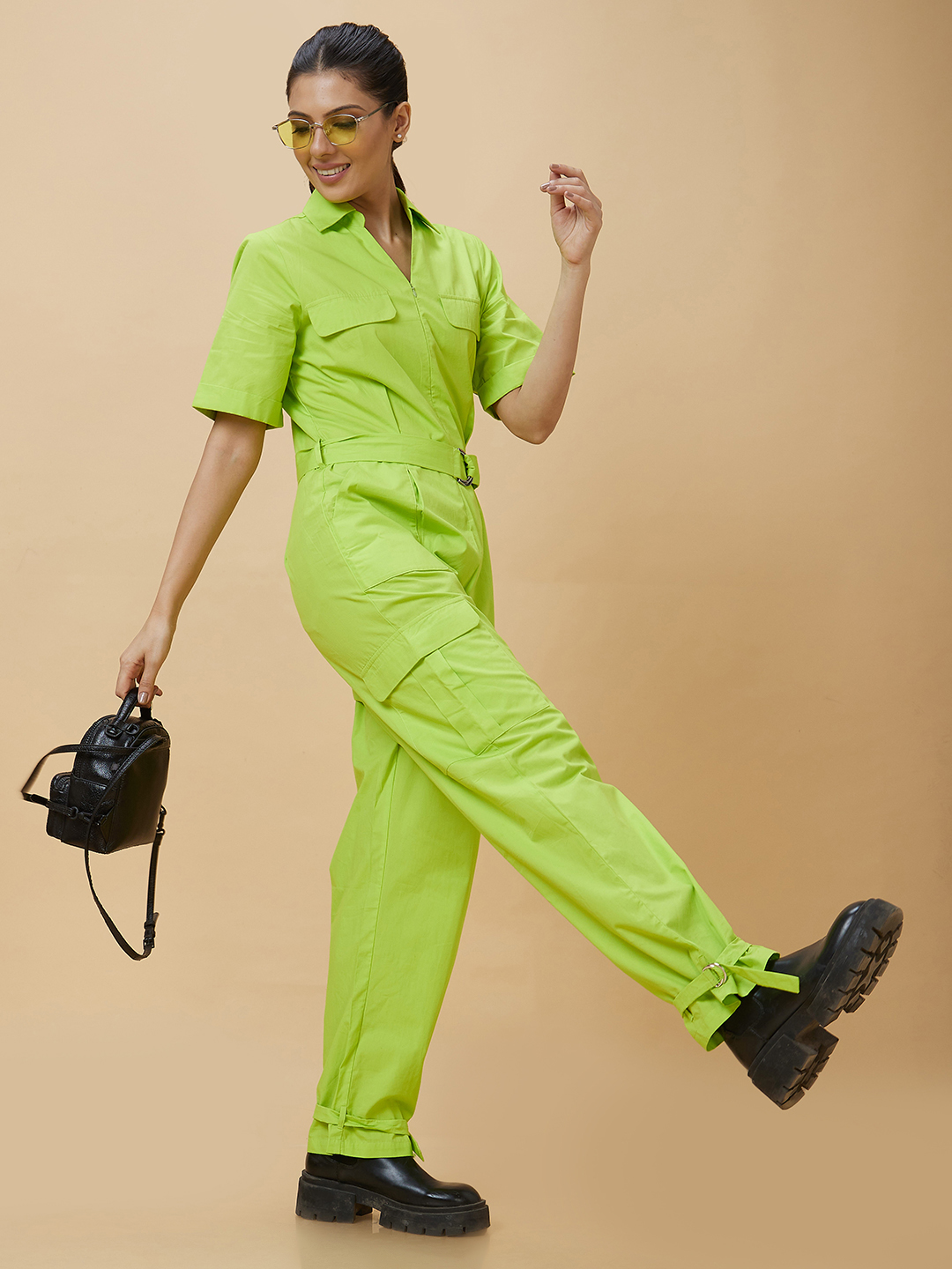 Globus Women Neon Green Solid Shirt Collar Waist Tie Up Casual Boiler Jumpsuit