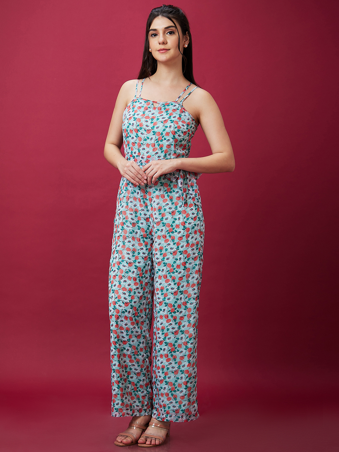 Globus Women Multi Blue Floral Printed Strappy Waist Tie-Up Casual Jumpsuit