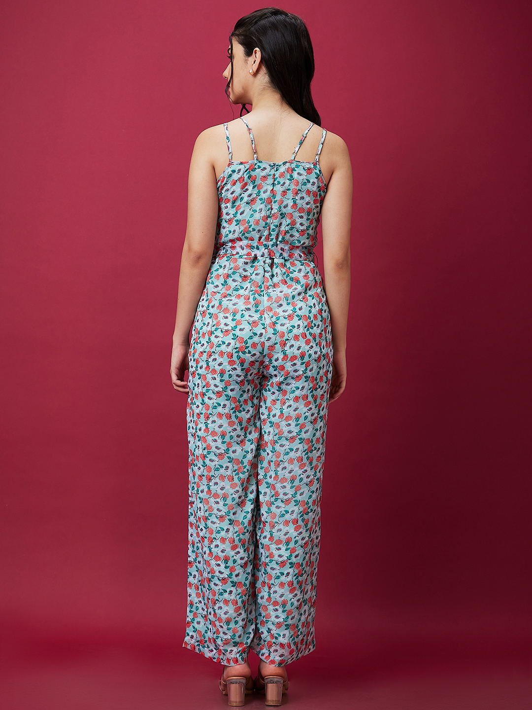 Globus Women Multi Blue Floral Printed Strappy Waist Tie-Up Casual Jumpsuit