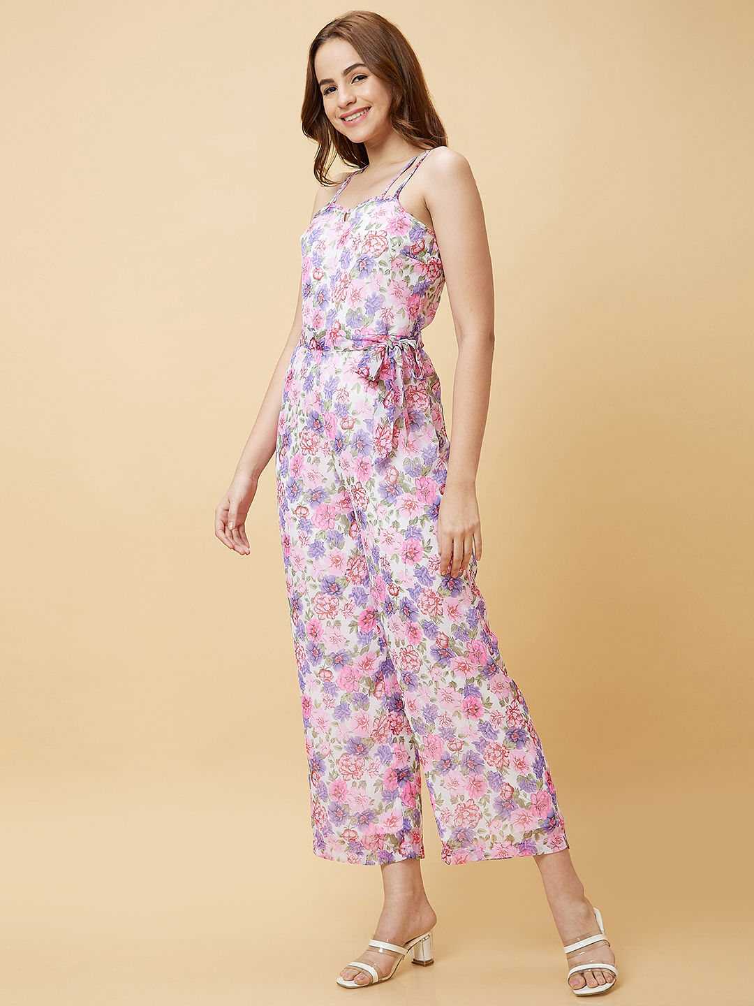 Globus Women Multicolor Floral Print Strappy Casual Jumpsuit with Waist Tie-Up
