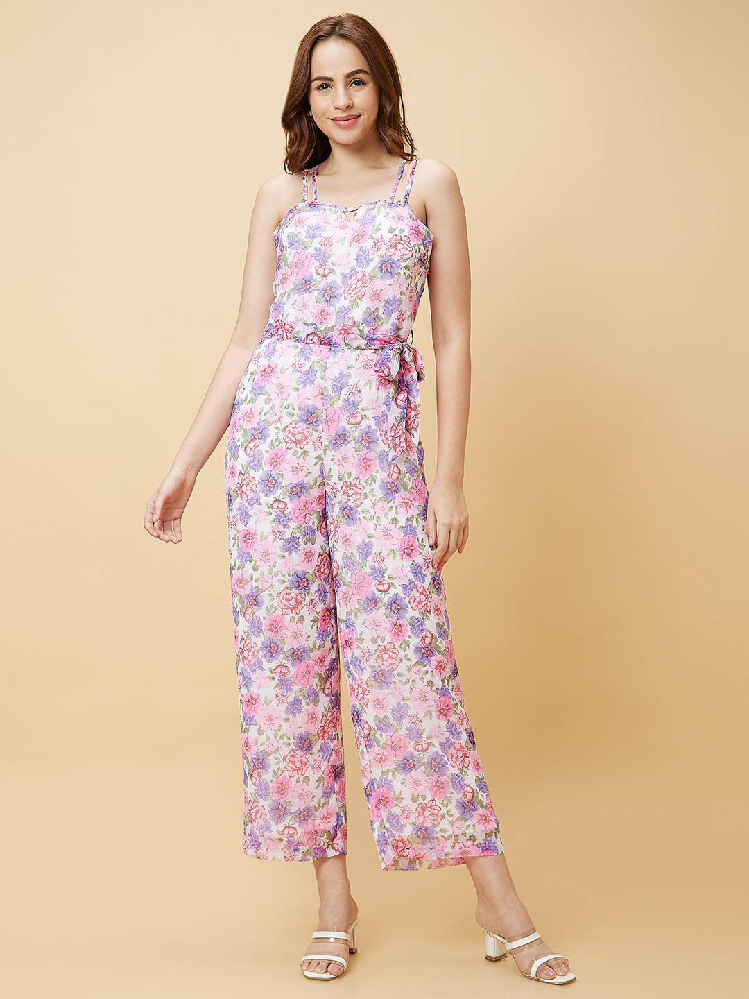 Globus Women Multicolor Floral Print Strappy Casual Jumpsuit with Waist Tie-Up
