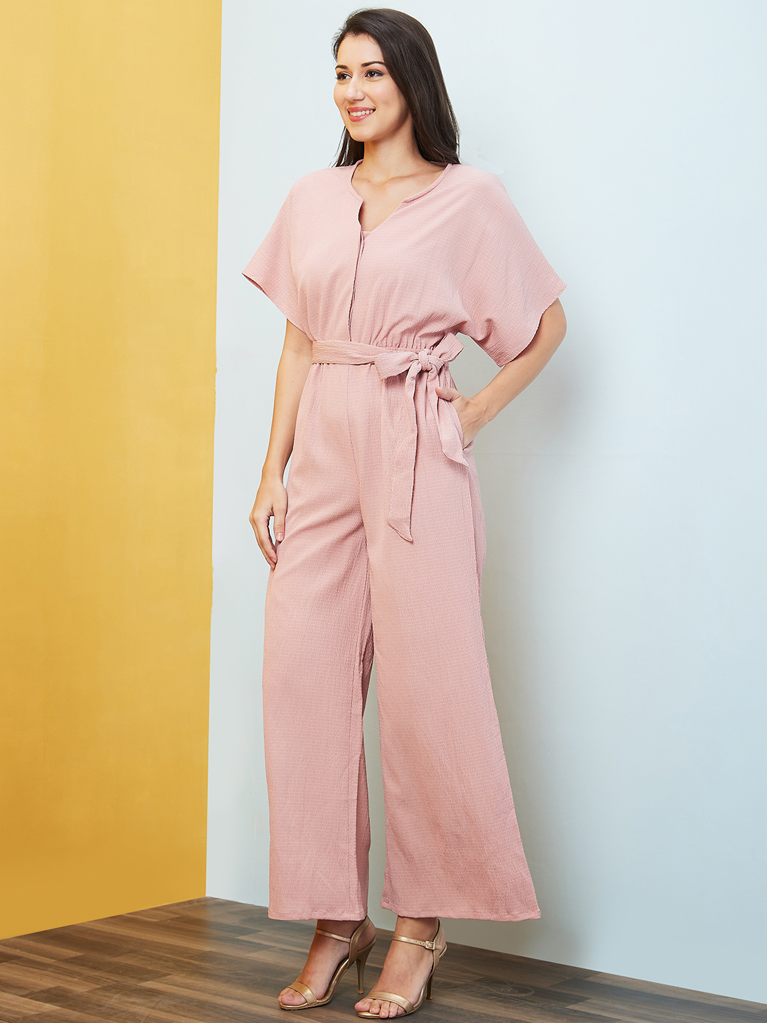 Globus Women Pink Round Neck With V Cut Kimono Sleeves Waist Tie-Up Longline Jumpsuit
