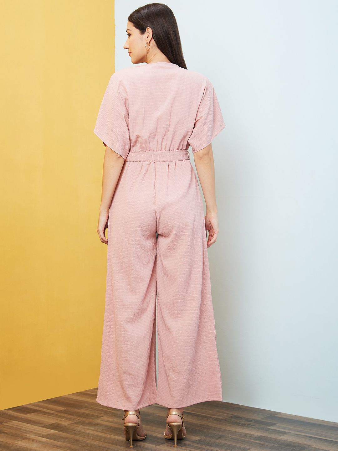 Globus Women Pink Round Neck With V Cut Kimono Sleeves Waist Tie-Up Longline Jumpsuit