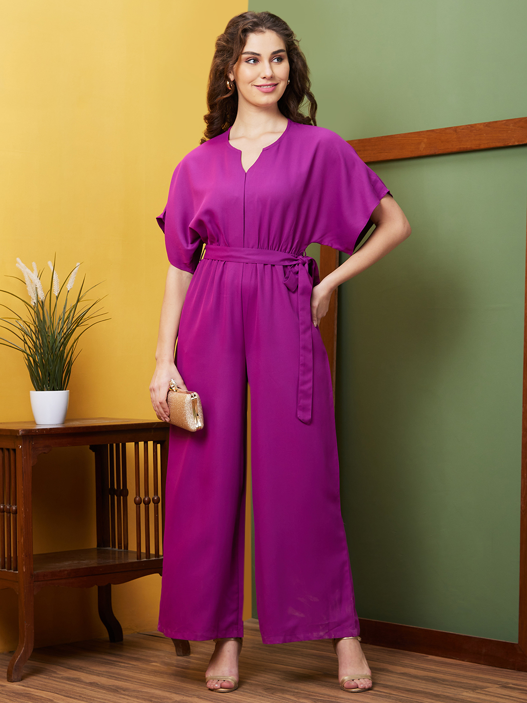 Globus Women Purple Solid V-Neck Short Sleeves Casual Wear Jumpsuit