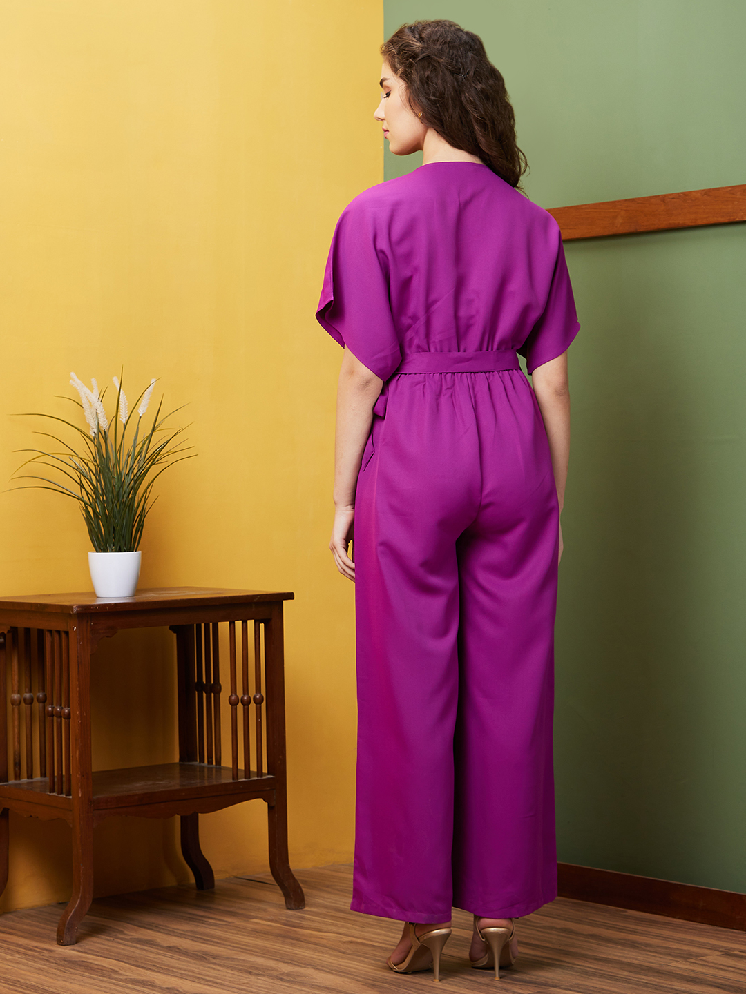 Globus Women Purple Solid V-Neck Short Sleeves Casual Wear Jumpsuit
