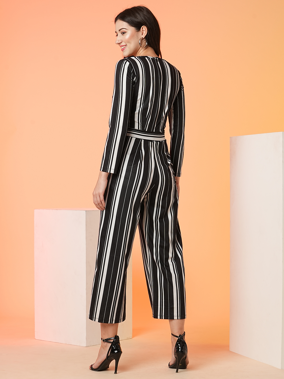 Globus Women Multi Black Striped Long Sleeve Jumpsuit