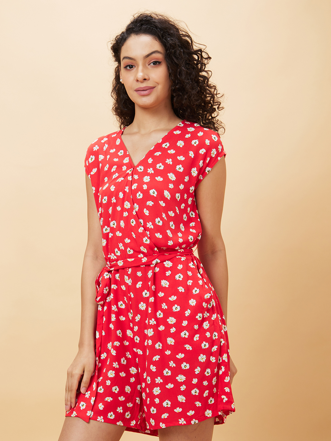 Globus Women Red Printed V-Neck Playsuit with Waist Tie-Ups