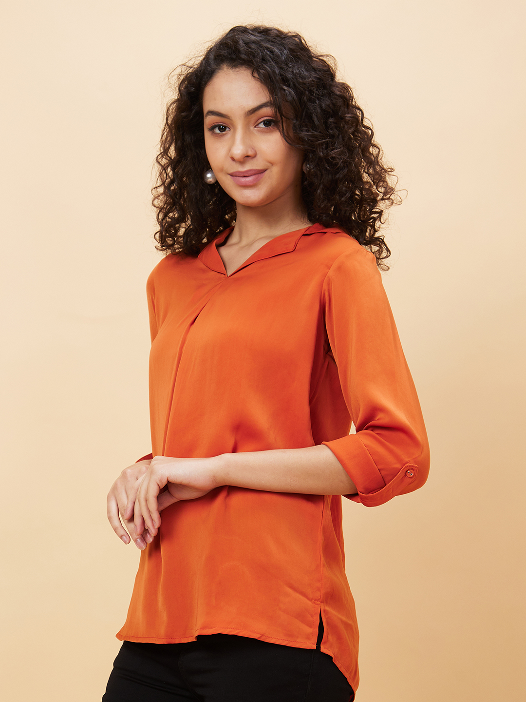 Globus Women Rust Collared Roll Up Sleeve Shirt Style Work Wear Top