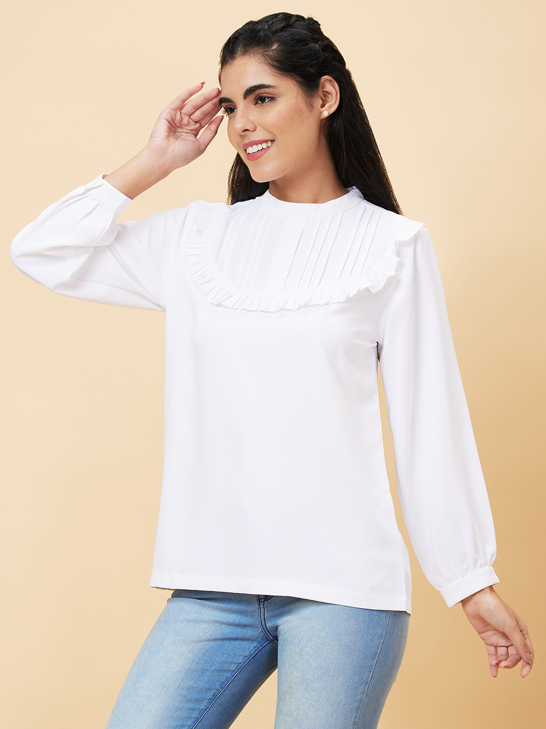 Globus Women Off White Solid High Neck Casual Top