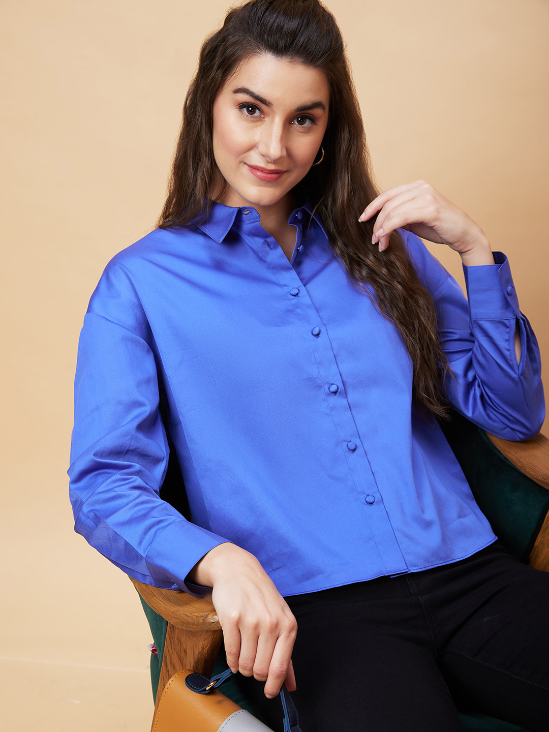 Globus Women Blue Solid Casual Button Down Shirt Style Top