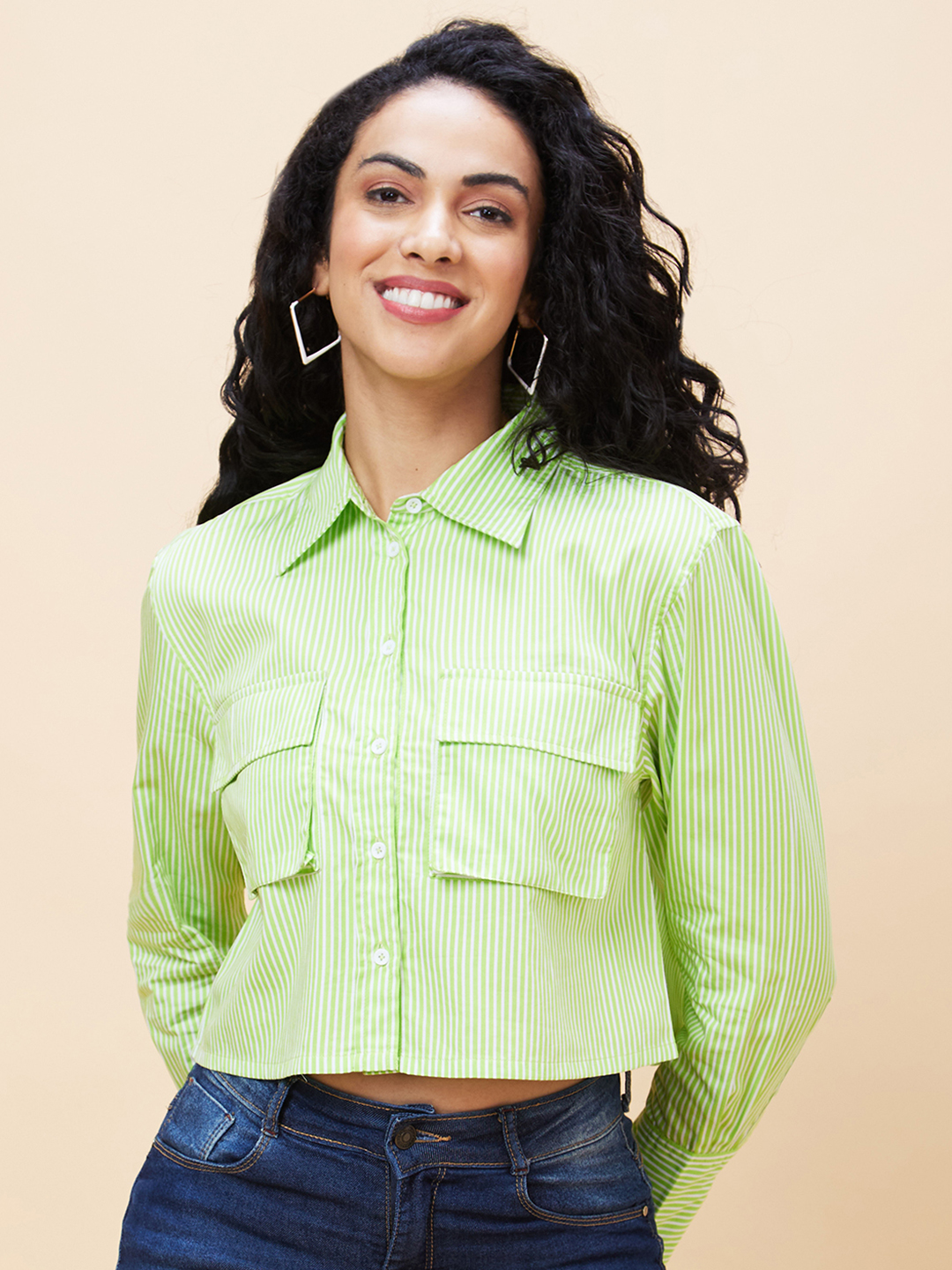 Globus Women Green Striped Casual Shirt Style Crop Top