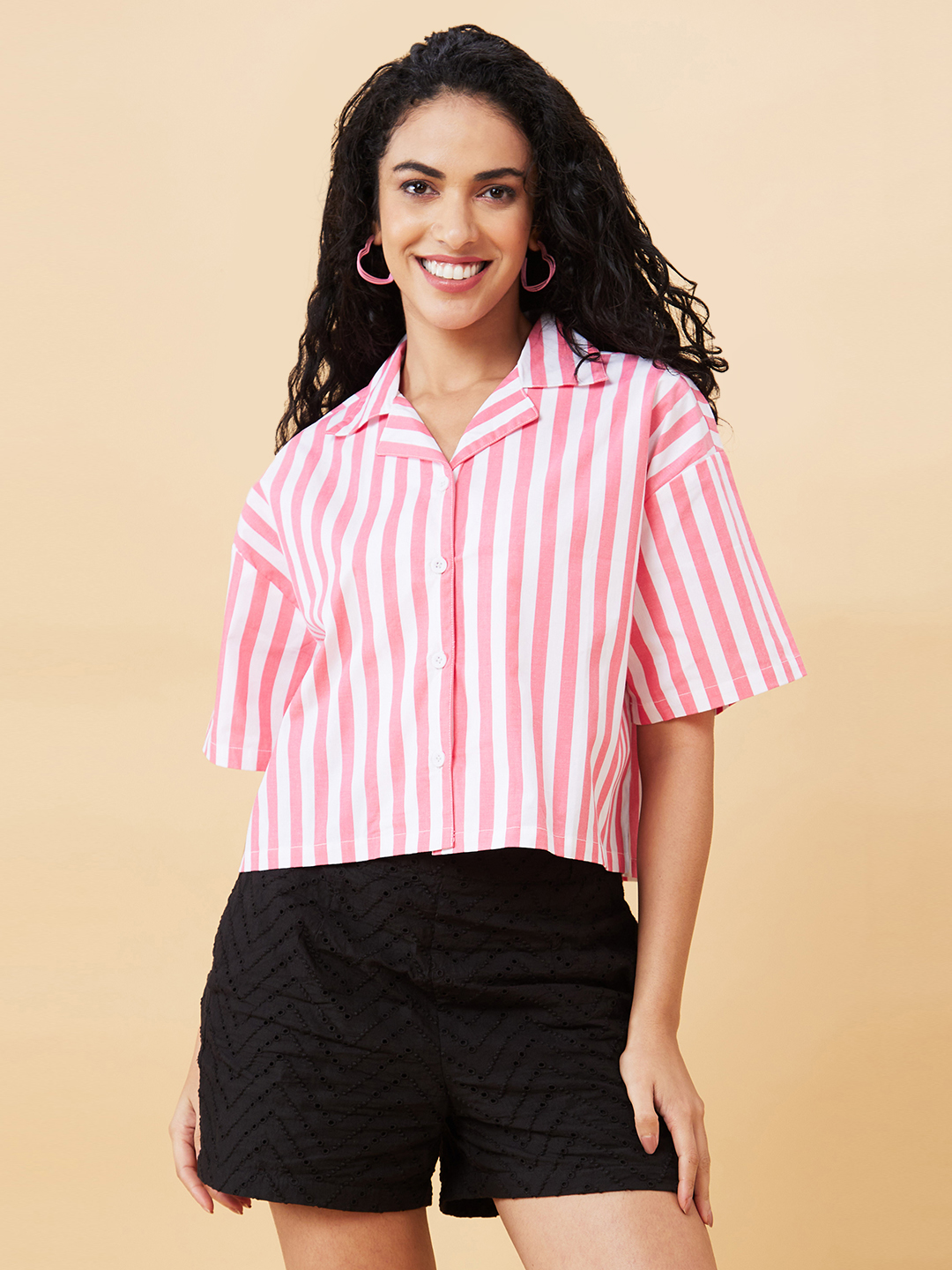 Globus Women Coral Striped Shirt Style Casual Top