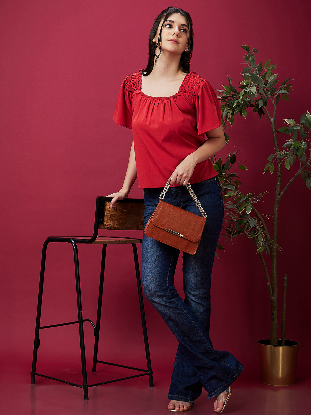 Globus Women Rust Solid Square Neck Flared Casual Top
