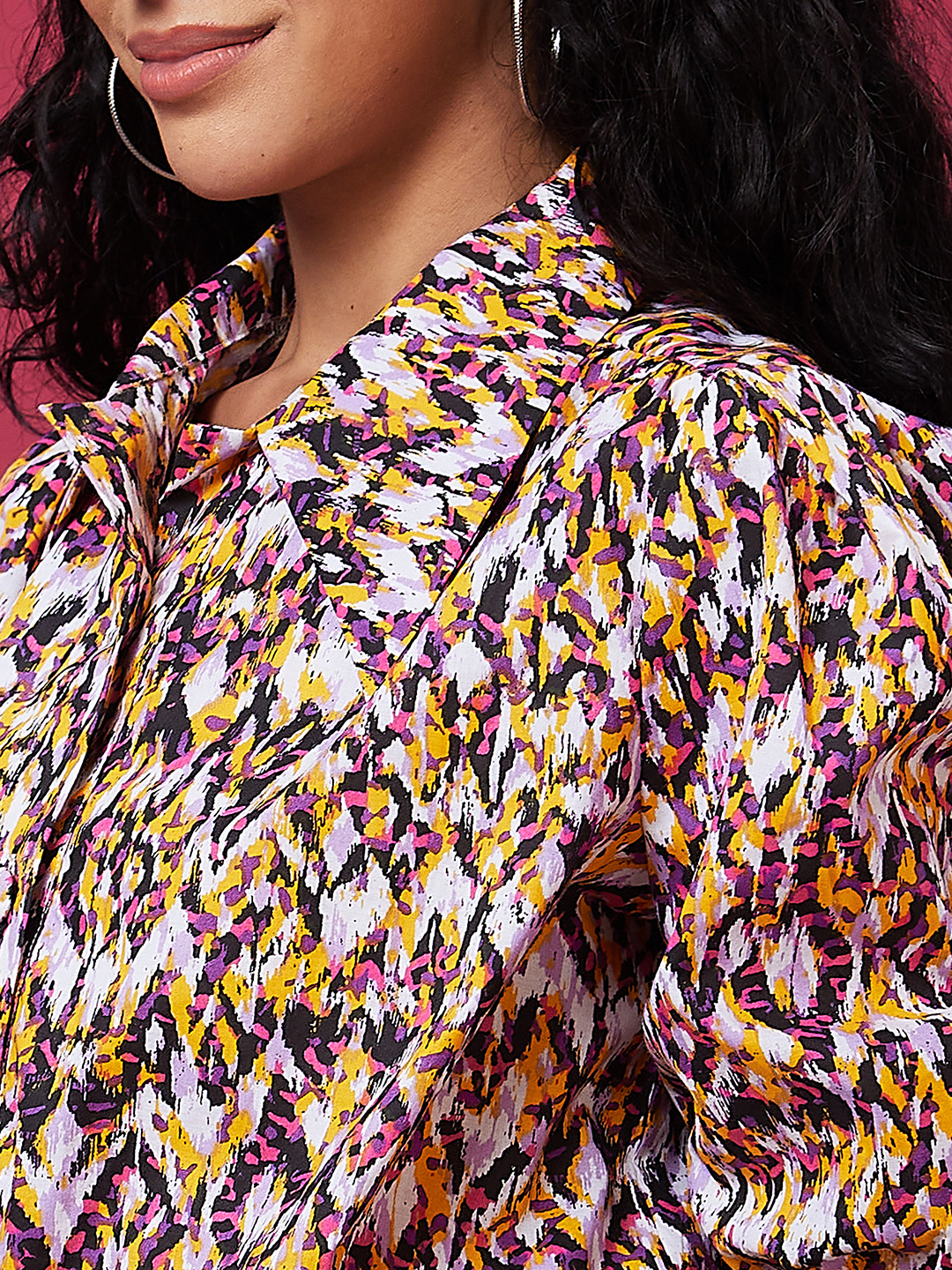 Globus Women Multi Colour Abstract Print Shirt Collar Crop Top