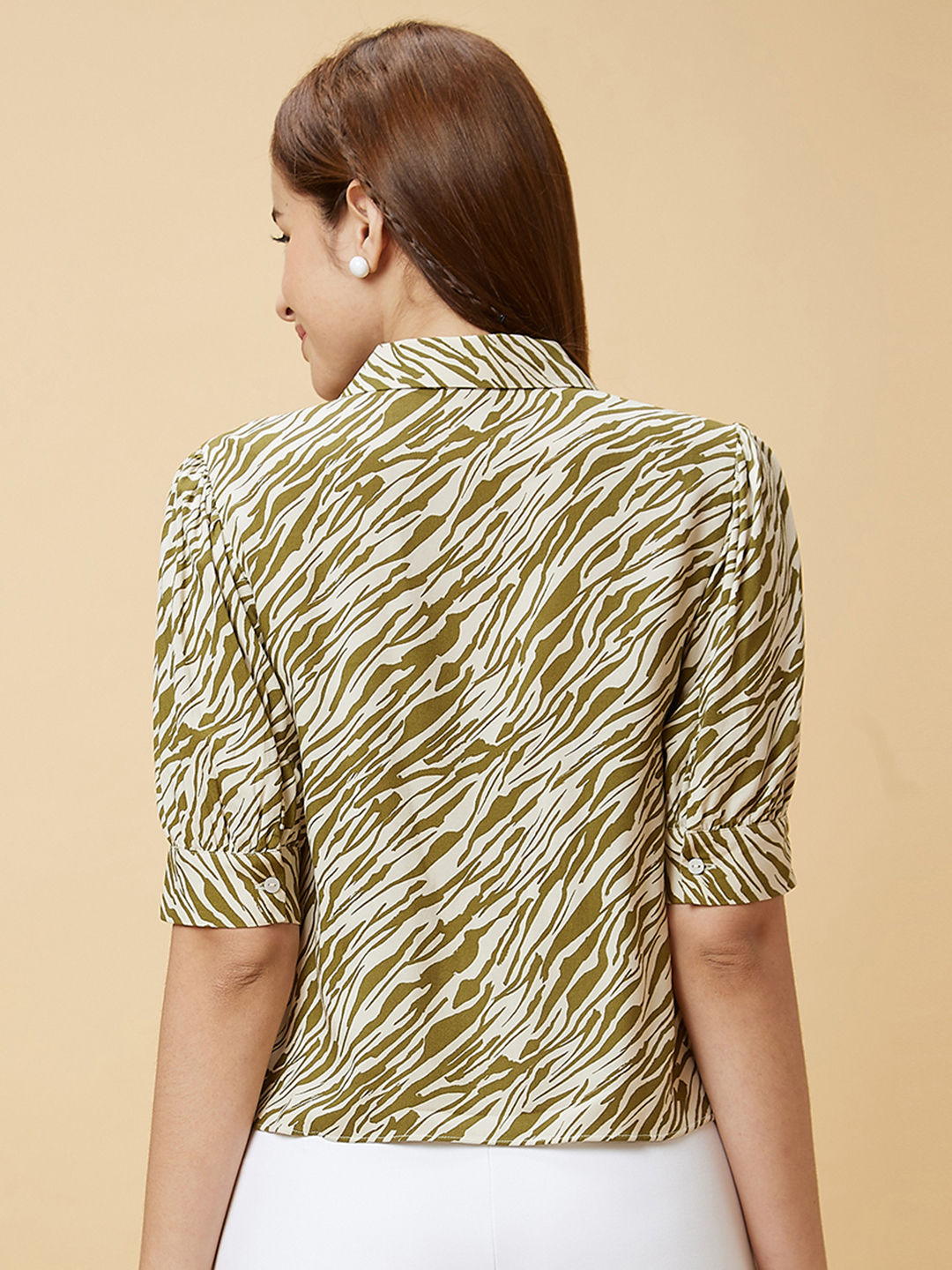 Globus Women Green Animal Print Tie-Up Neck Casual Shirt Top