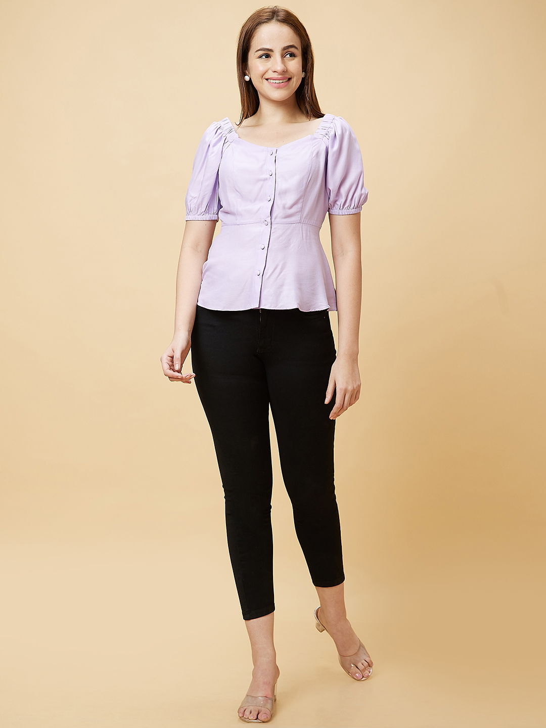 Globus Women Lilac Solid Casual Peplum Fit To Flare Top