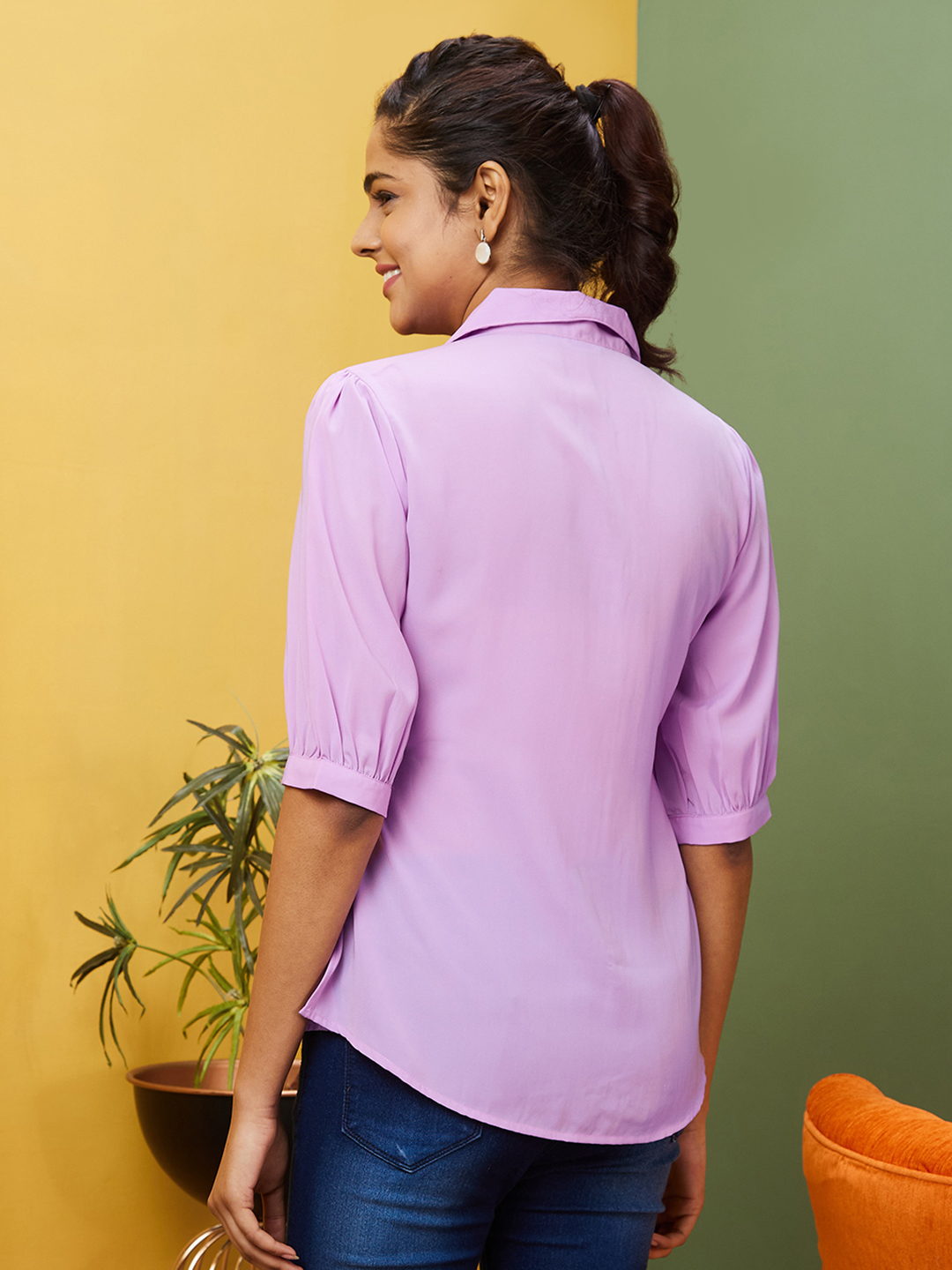 Globus Women Lilac Solid Casual Shirt Collar Shirt Style Top