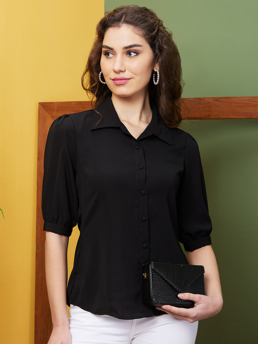 Globus Women Black Solid Casual Shirt Collar Top