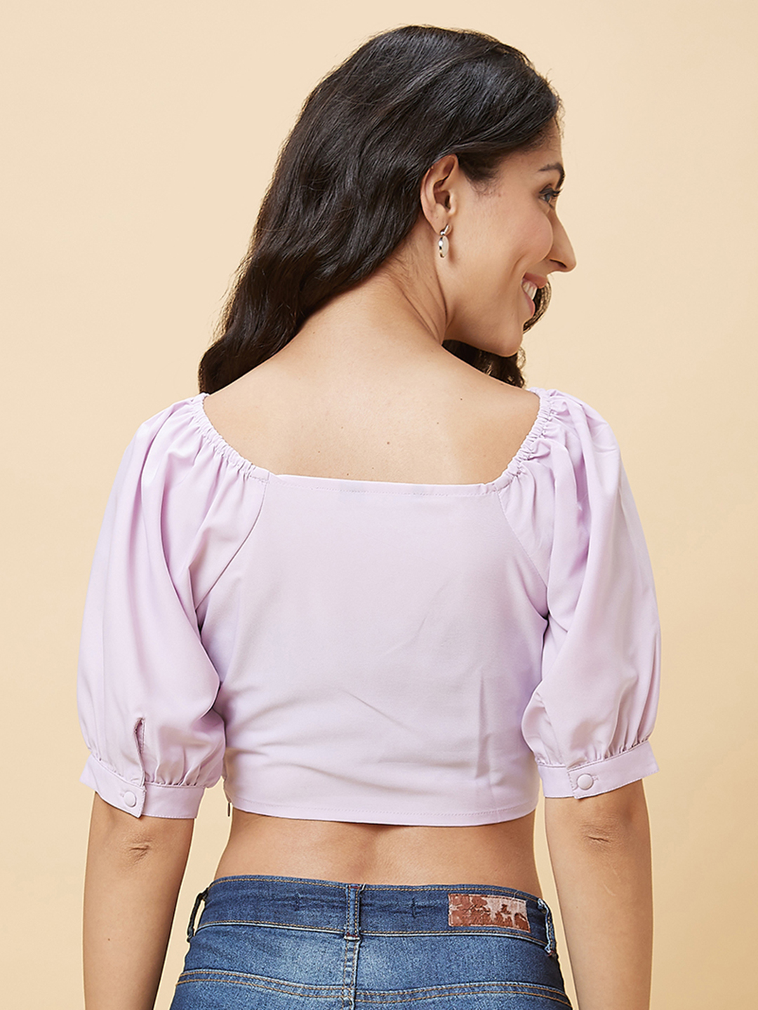 Globus Women Lilac Solid V-Neck Ruched Casual Crop Top