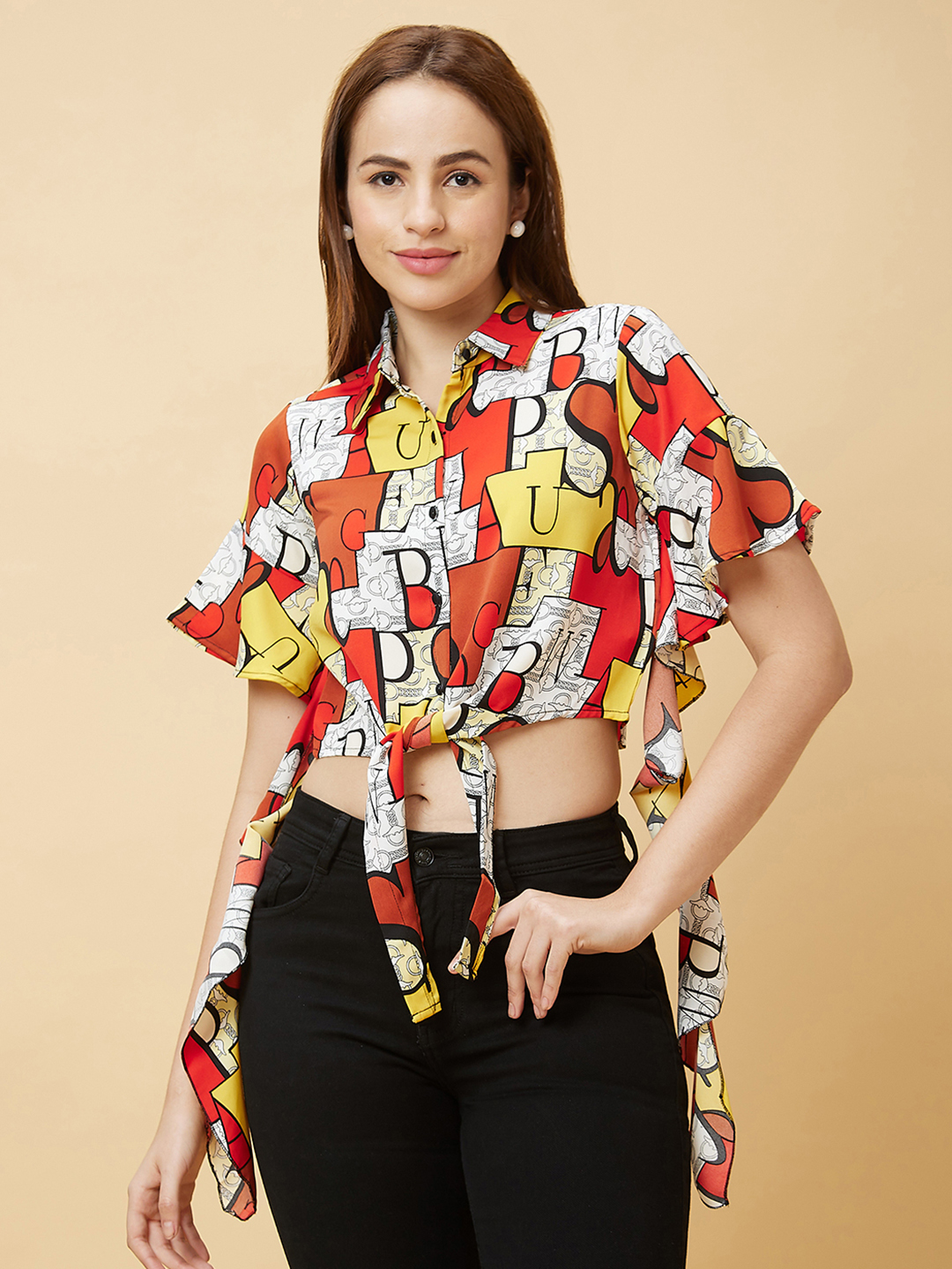 Globus Women Red Typography Print Casual Shirt Style Crop Top with Waist Tie-Up