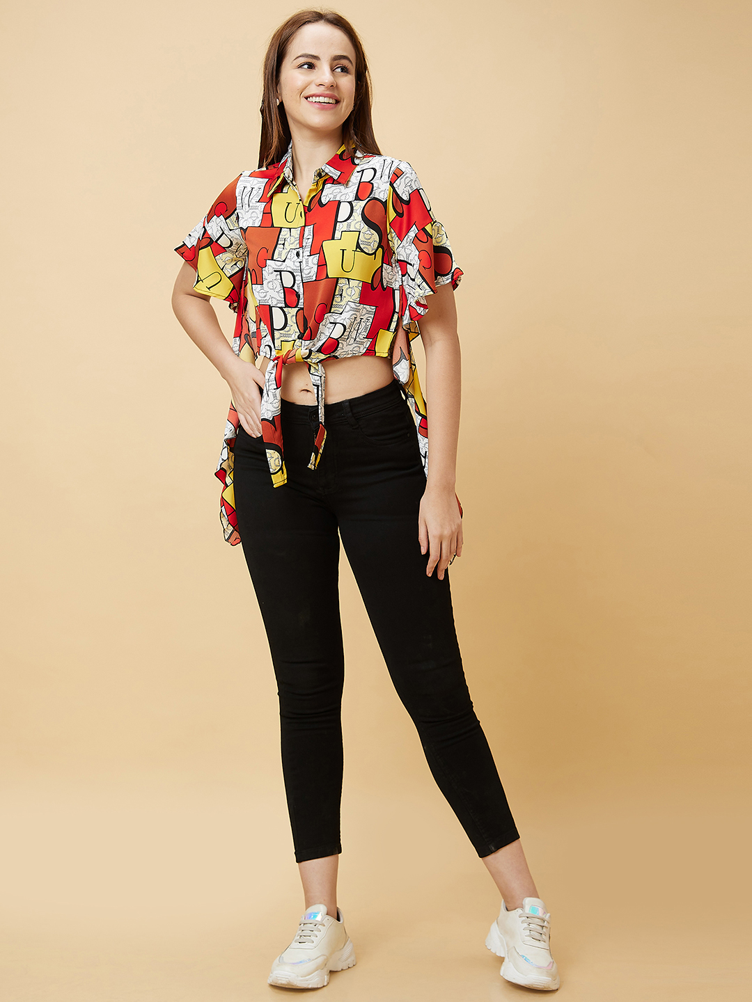 Globus Women Red Typography Print Casual Shirt Style Crop Top with Waist Tie-Up