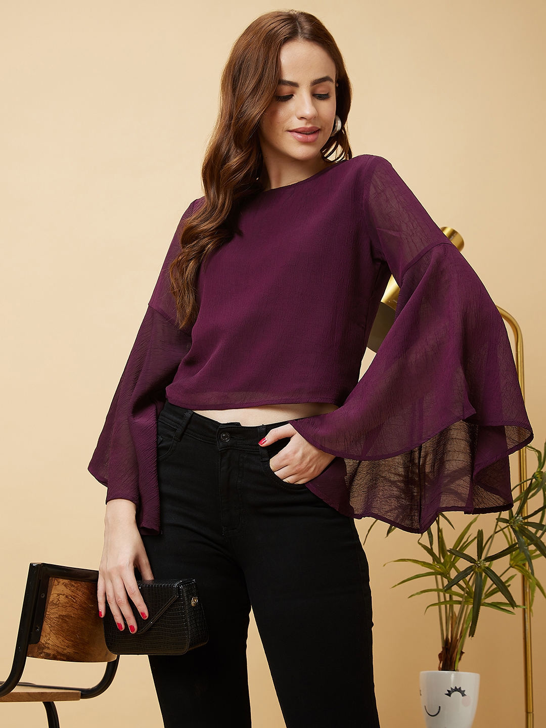 Globus Women Lilac Solid Round Neck Casual Top