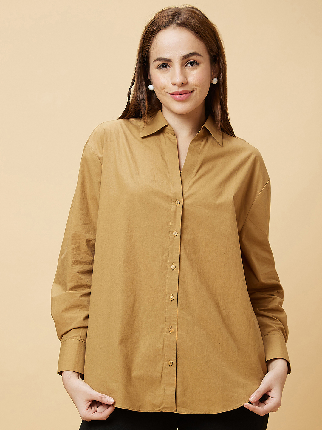 Globus Women Brown Oversized Shirt Collar Top