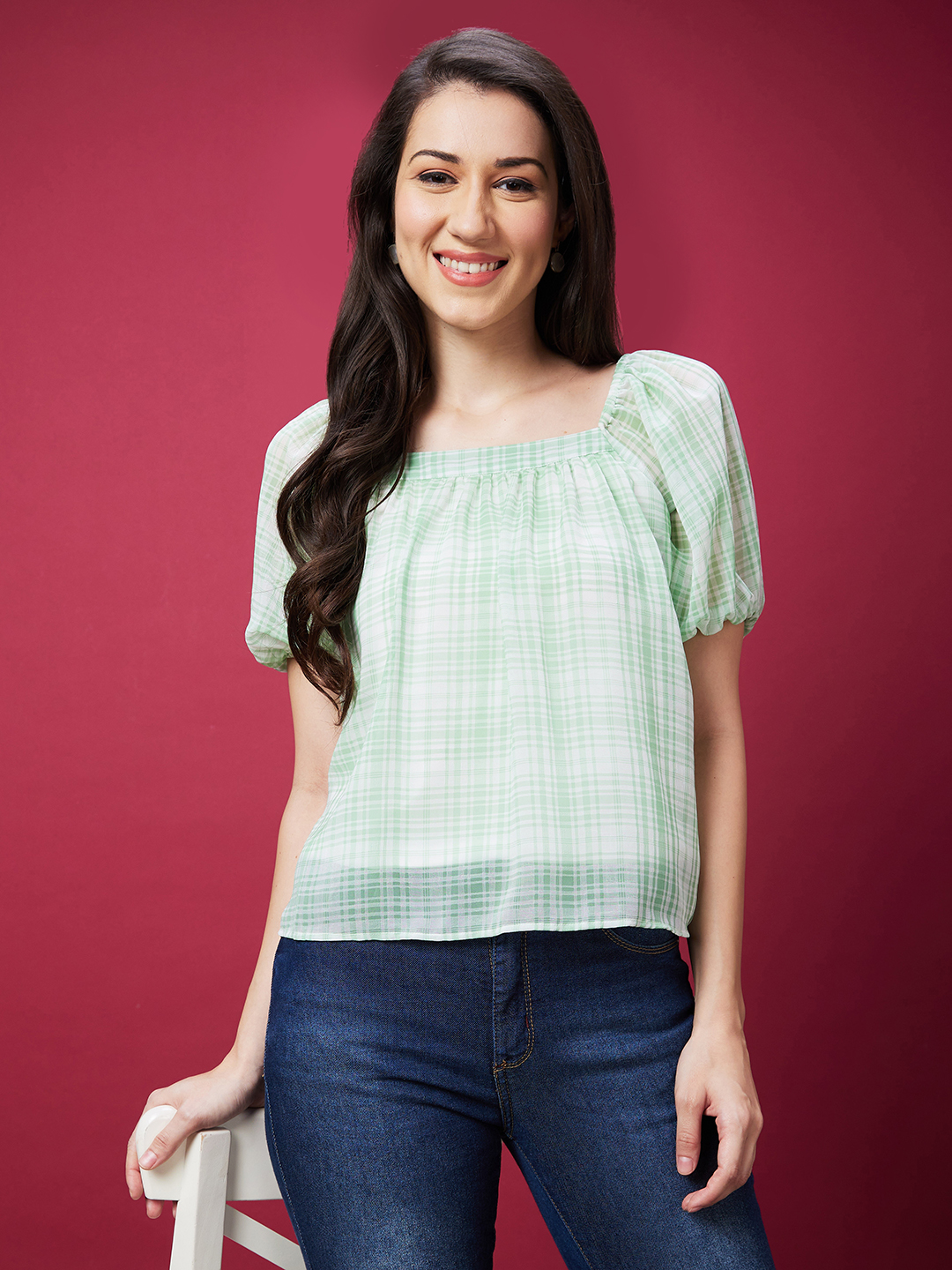 Globus Women Green Checked Square Neck Casual Top