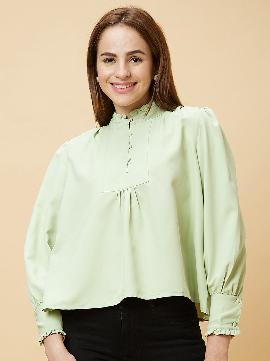 Globus Women Mint Green Solid High Neck Casual Top