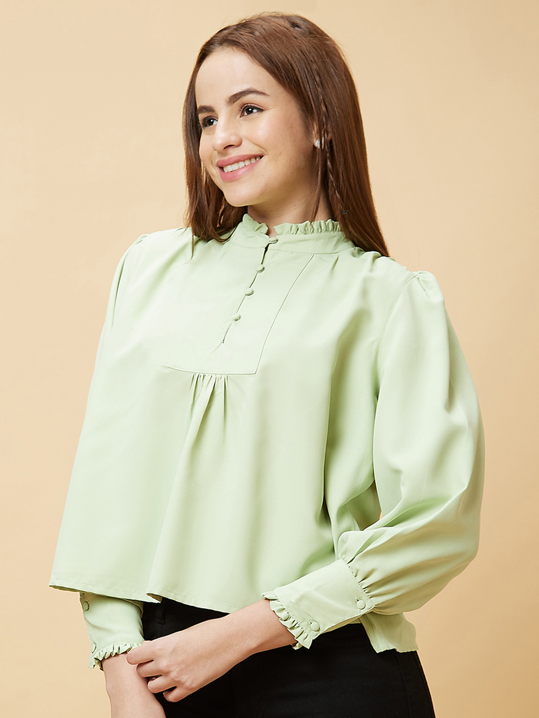 Globus Women Mint Green Solid High Neck Casual Top