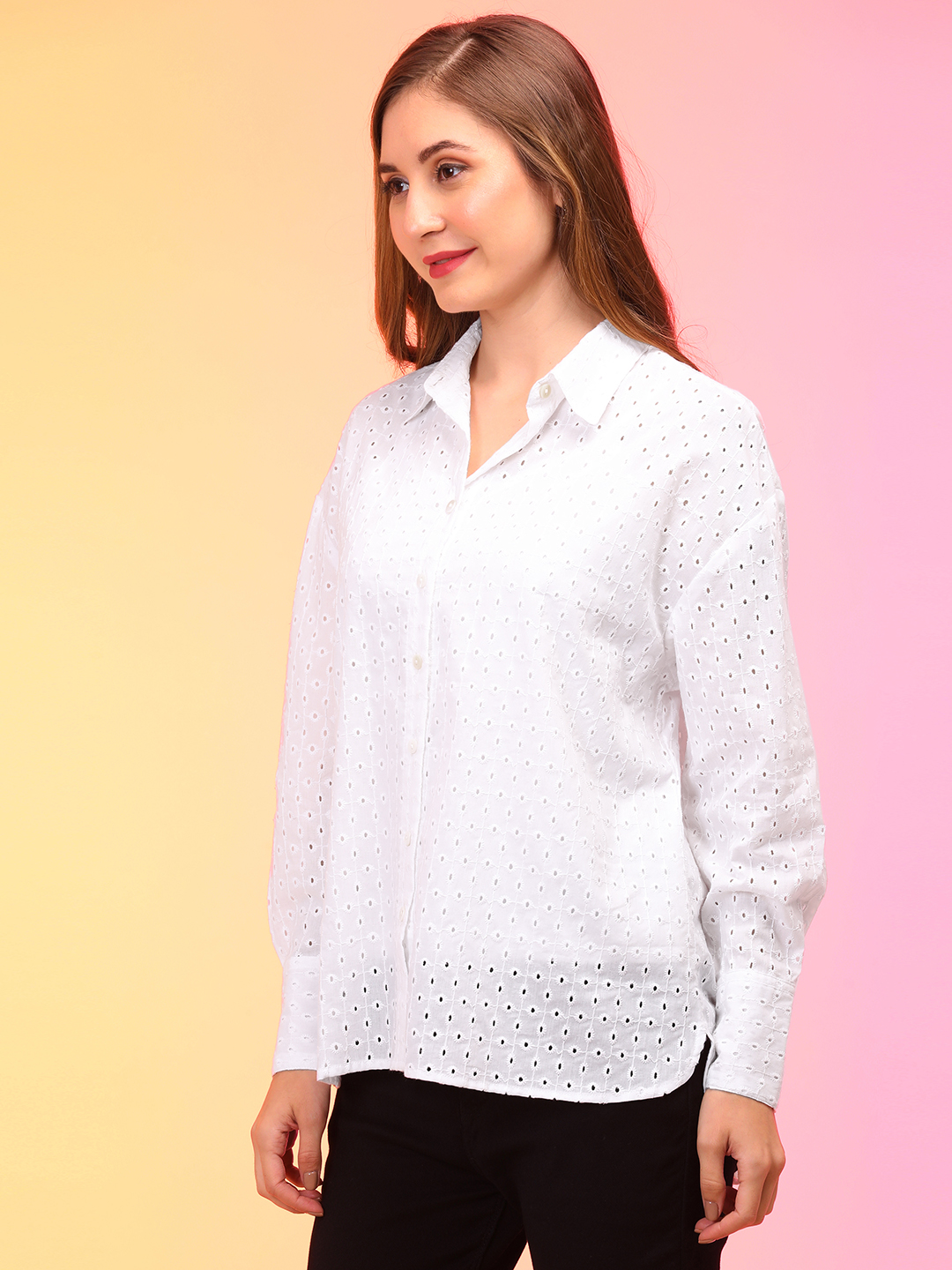 Globus Women White Schiffli Cuffed Sleeve Shirt Style Top