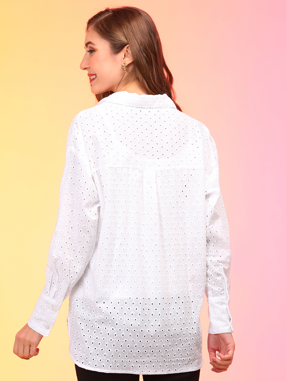 Globus Women White Schiffli Cuffed Sleeve Shirt Style Top