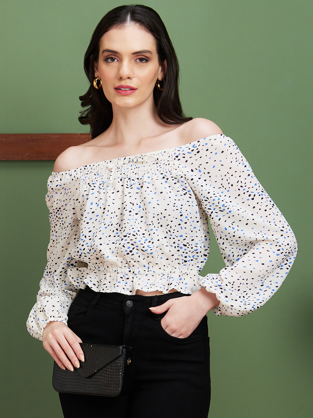 Globus Women White Animal Print Polyester Off-Shoulder Casual Top