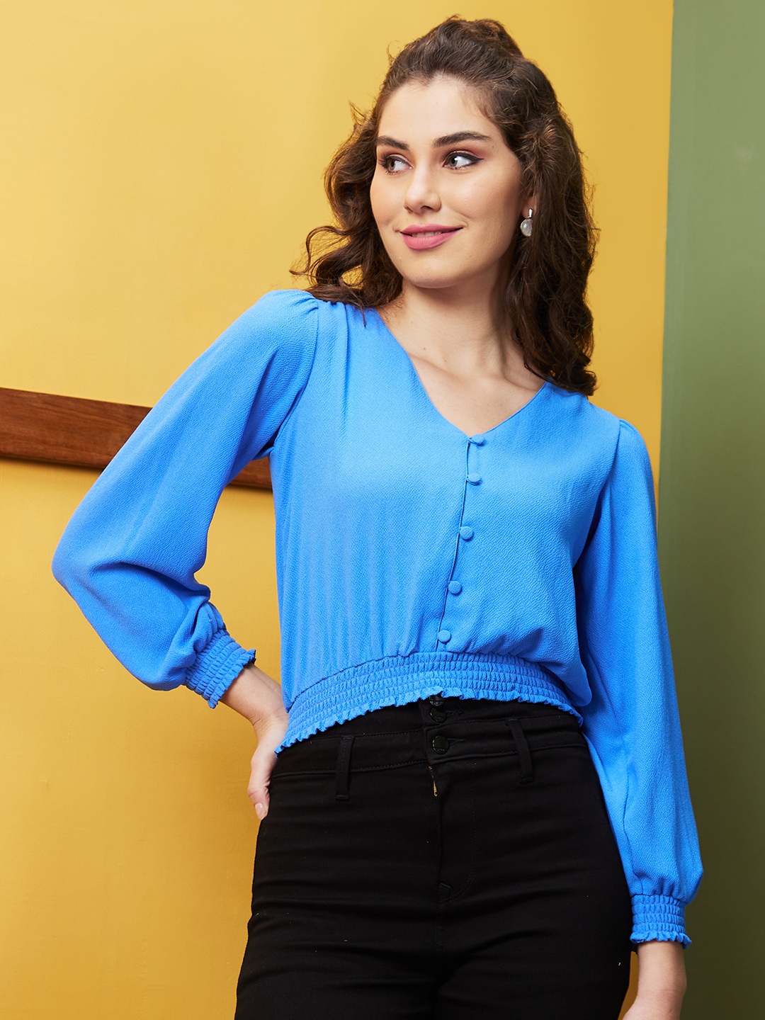 Globus Women Blue Solid Casual V-Neck Top