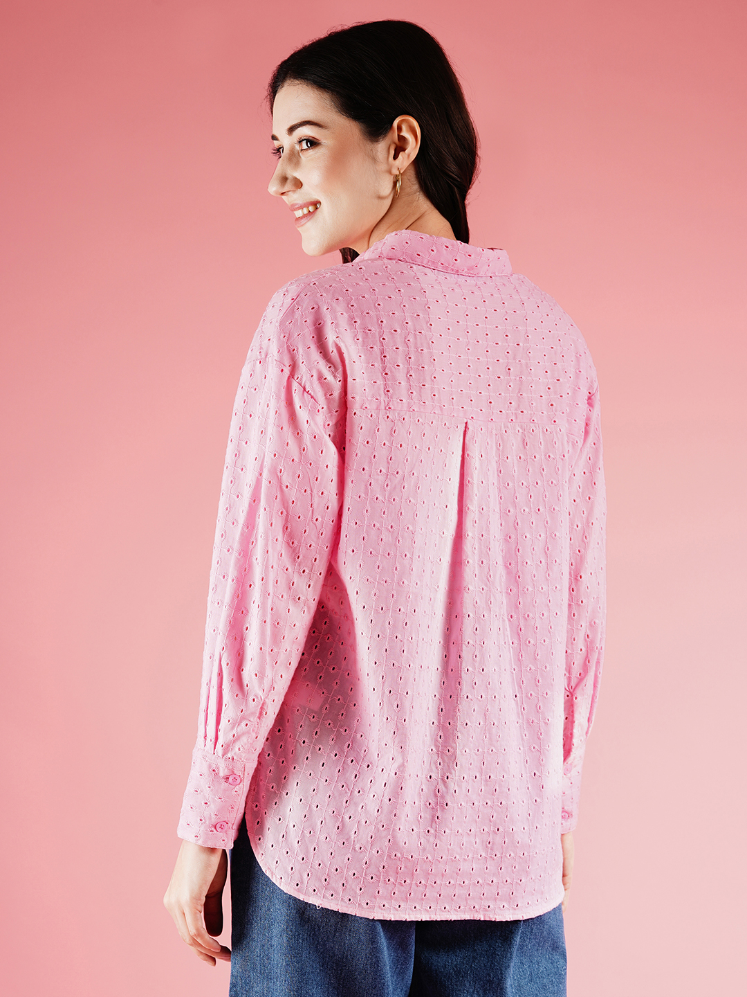 Globus Women Pink Schiffli Shirt Style Longline Top