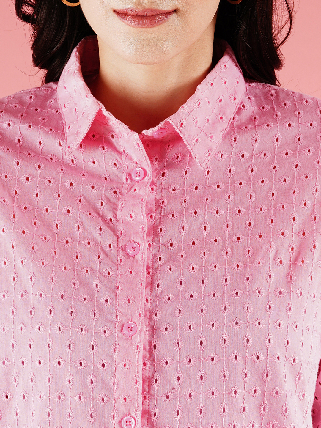 Globus Women Pink Schiffli Shirt Style Longline Top