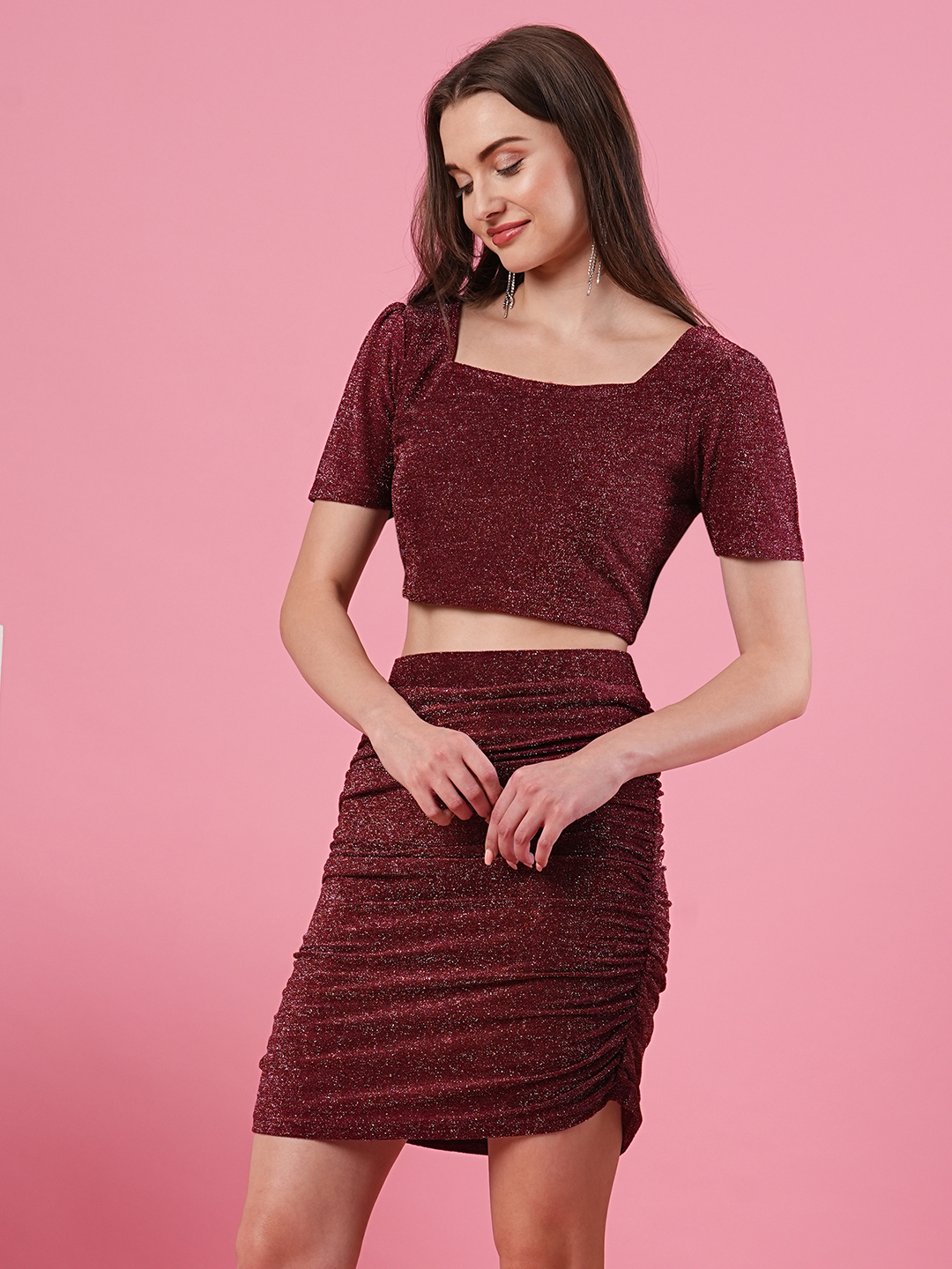 Globus Women Maroon Party Co-Ord Set With Square Neck Top & Skirt