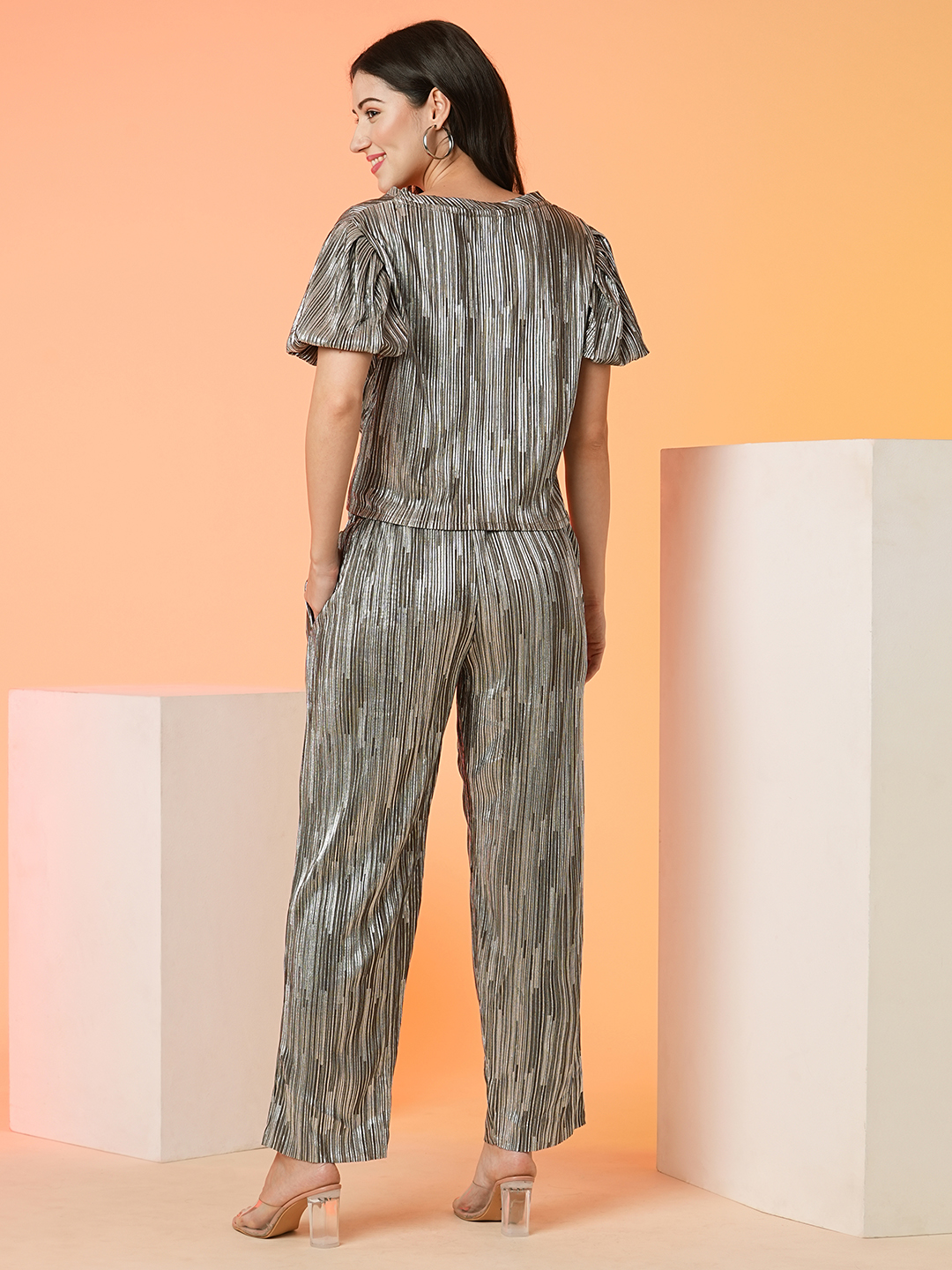 Globus Women Silver Striped Top & Trouser Co-Ord Set