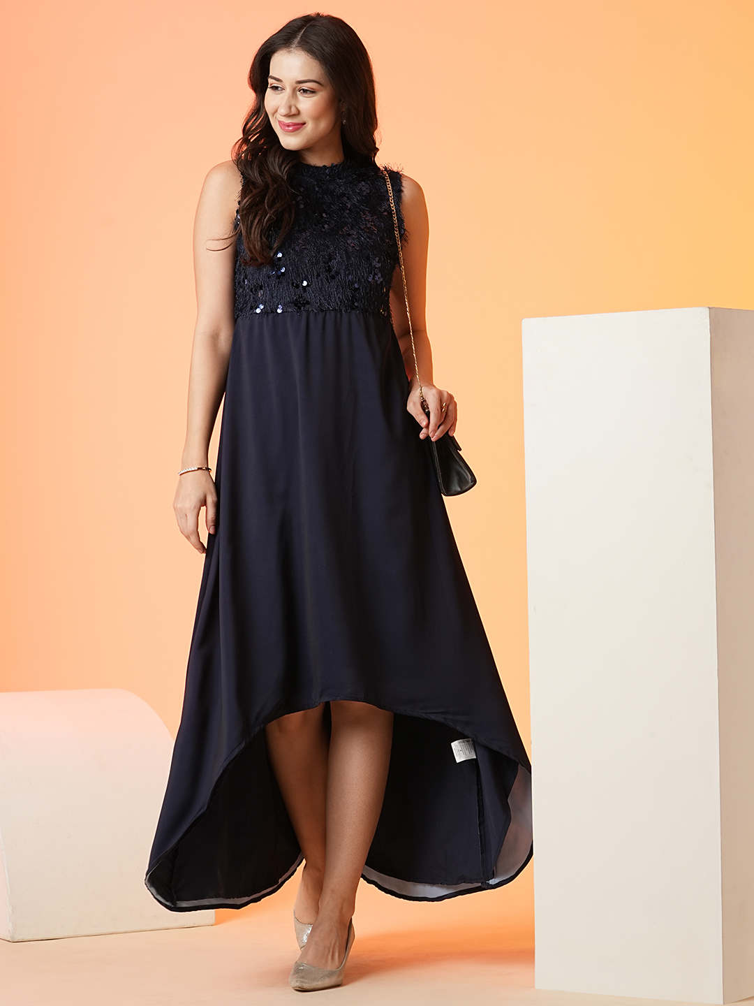 Globus Women Navy Sequined Fit & Flare Maxi Party Dress