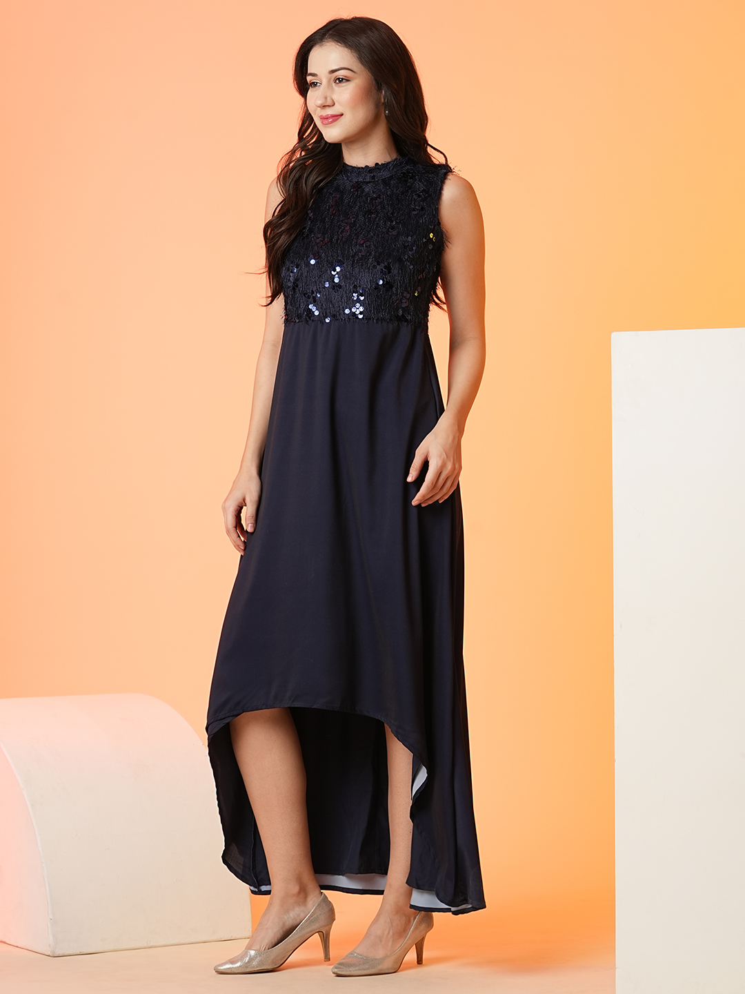Globus Women Navy Sequined Fit & Flare Maxi Party Dress