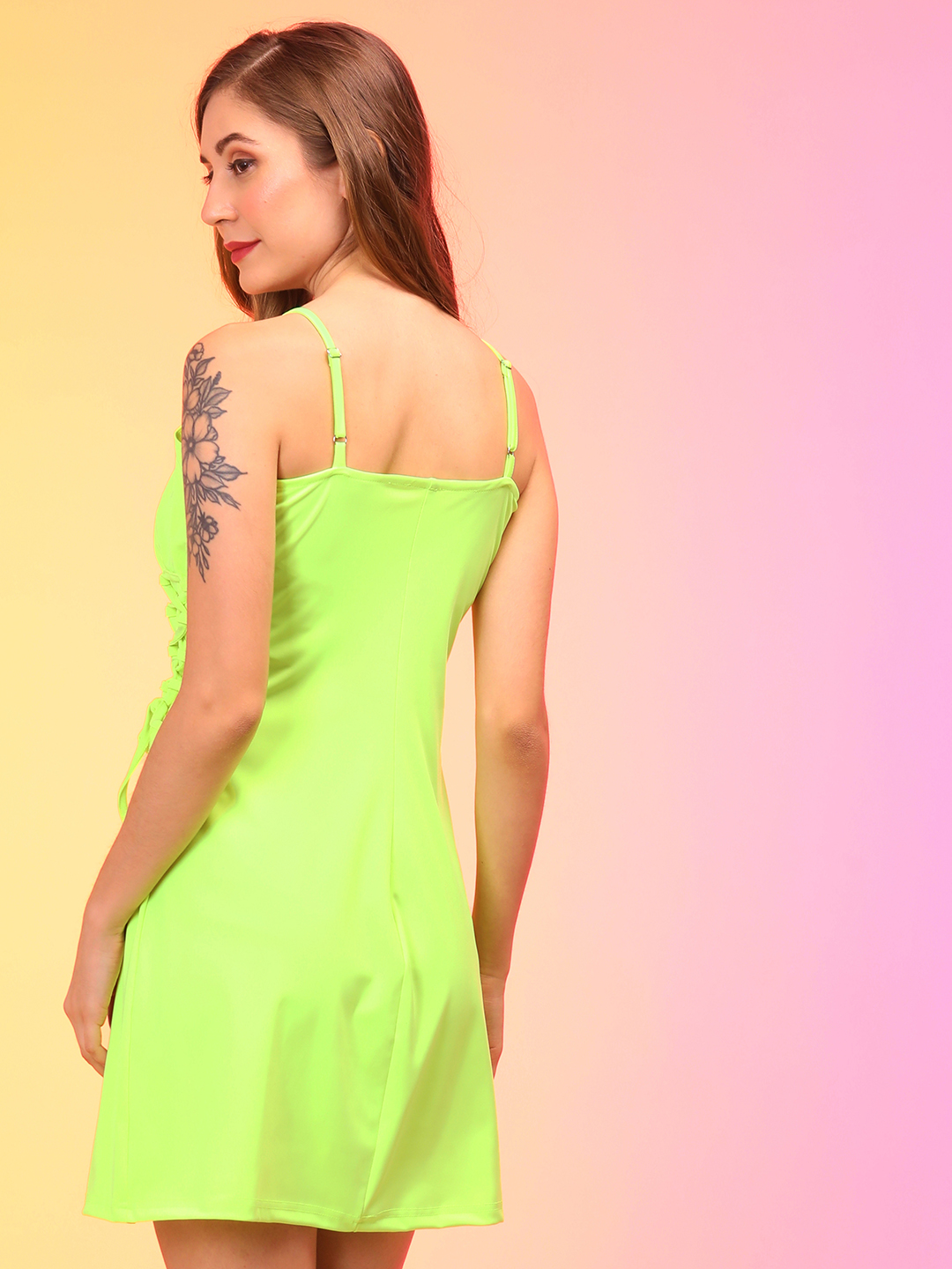 Globus Women Neon Green Strappy Shoulder Waist Tie-Up Party Dress