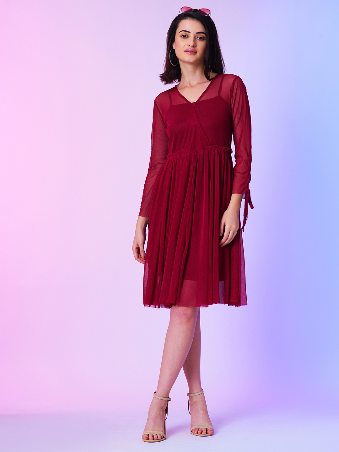 Globus Women Maroon Fit & Flare Front Wrap Party Dress