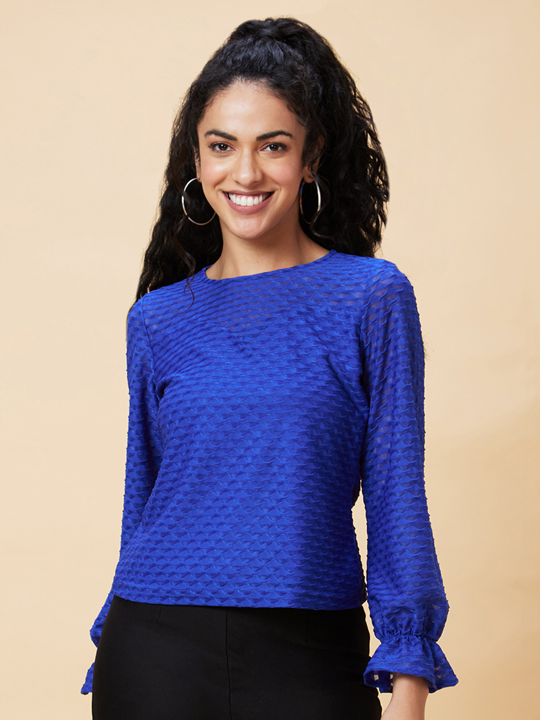 Globus Women Blue Self Textured Boat Neck Party Top