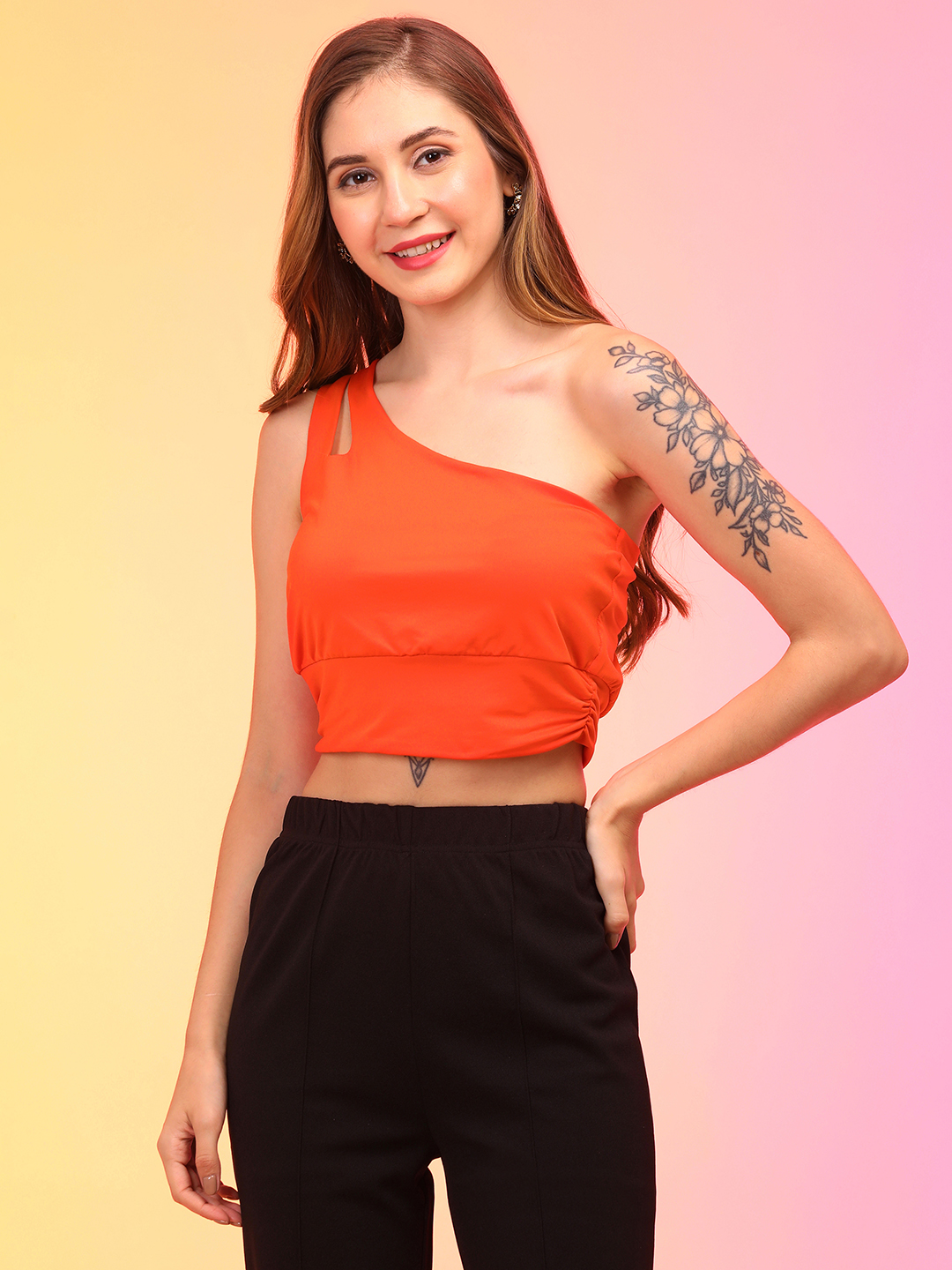 Globus Women Orange Single Shoulder Party Crop Top
