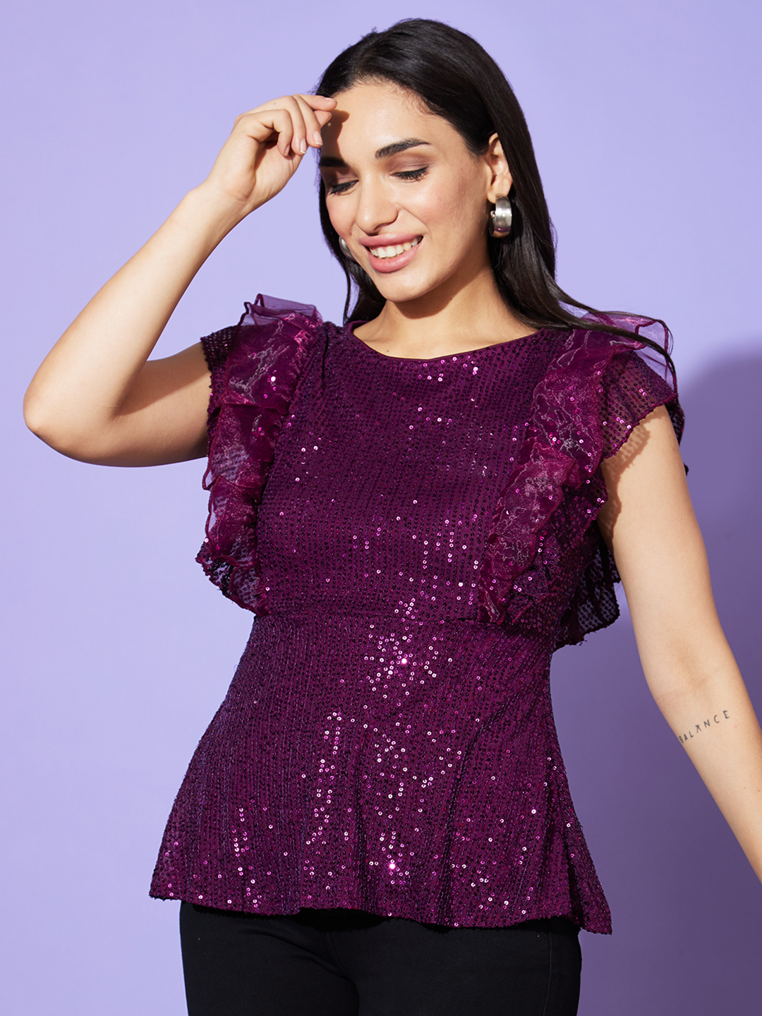 Globus Women Purple Embellished Round Neck Party Top